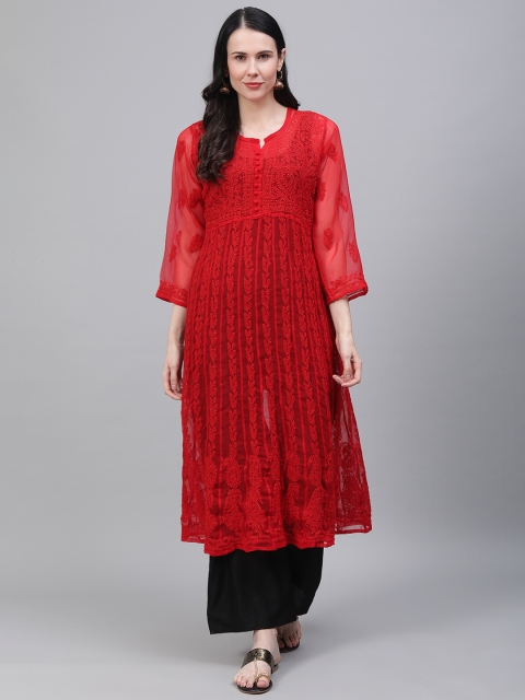 

Saadgi Women Red Chikankari Embroidered Handloom Semi-Sheer A-Line Kurta