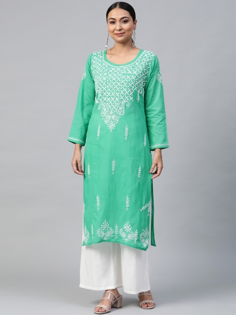 

Saadgi Women Green & White Chikankari Hand Embroidered Straight Kurta