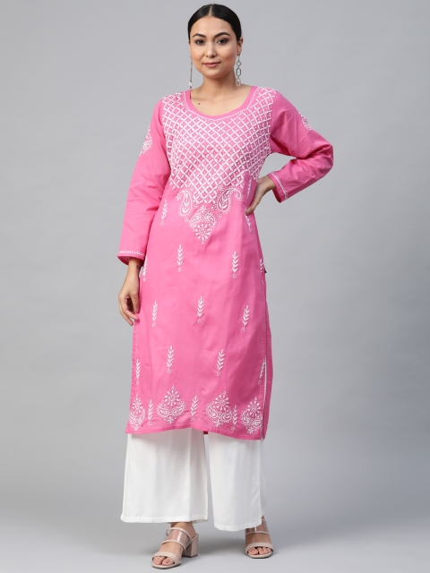 

Saadgi Women Pink & White Chikankari Hand Embroidered Straight Kurta