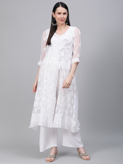 

Saadgi Women White Handloom Chikankari Embroidered Semi-Sheer Angrakha A-Line Kurta