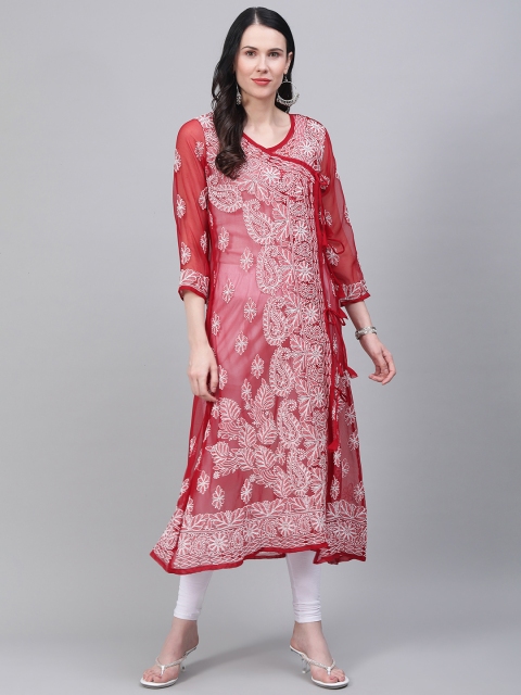 

Saadgi Women Maroon & White Handloom Chikankari Embroidered Angrakha A-Line Kurta