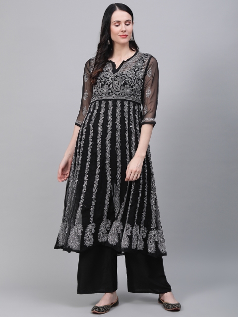 

Saadgi Women Black & White Chikankari Embroidered Handloom Semi-Sheer A-Line Kurta
