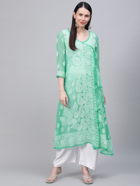 

Saadgi Women Green & White Handloom Chikankari Embroidered Angrakha A-Line Kurta