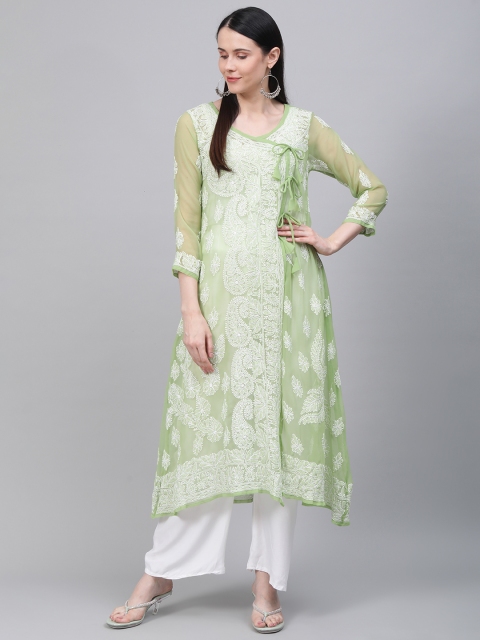 

Saadgi Women Green & White Handloom Chikankari Embroidered Angrakha A-Line Kurta