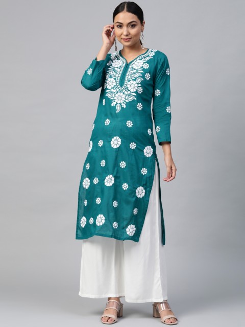 

Saadgi Women Teal Green & White Chikankari Hand Embroidered Straight Kurta