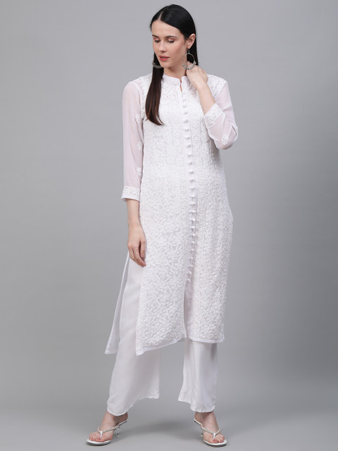 

Saadgi Women White Chikankari Embroidered Handloom Straight Kurta