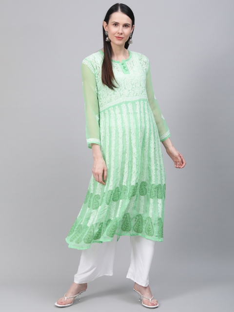 

Saadgi Women Green & White Chikankari Embroidered Handwork Sheer Anarkali Kurta