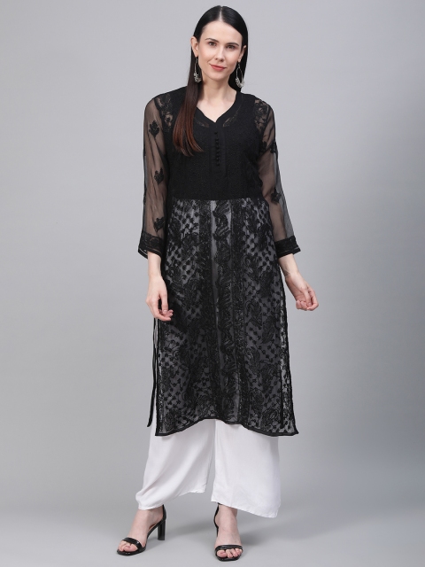 

Saadgi Women Black Chikankari Embroidered Handwork Sheer Straight Kurta