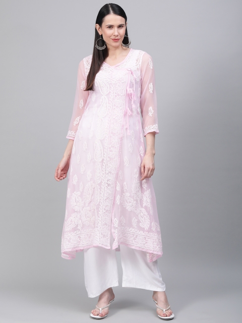 

Saadgi Women Pink & White Chikankari Embroidered Handwork Sheer Angrakha A-Line Kurta