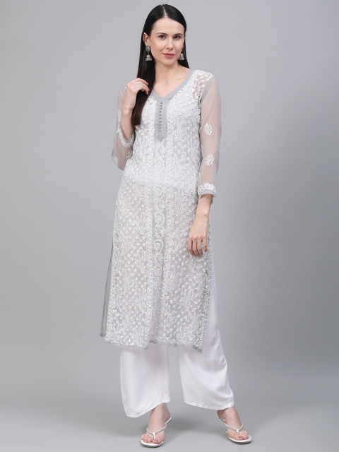 

Saadgi Women Grey & White Chikankari Embroidered Handwork Sheer Straight Kurta