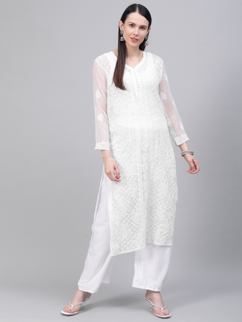 

Saadgi Women White Chikankari Embroidered Handwork Sheer Straight Kurta