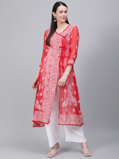 

Saadgi Women Red & White Chikankari Embroidered Handwork Sheer Angrakha A-Line Kurta