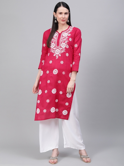 

Saadgi Women Magenta & White Chikankari Embroidered Straight Kurta, Red