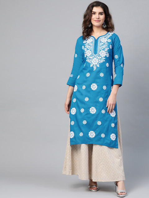 

Saadgi Women Blue & White Chikankari Embroidered Straight Kurta