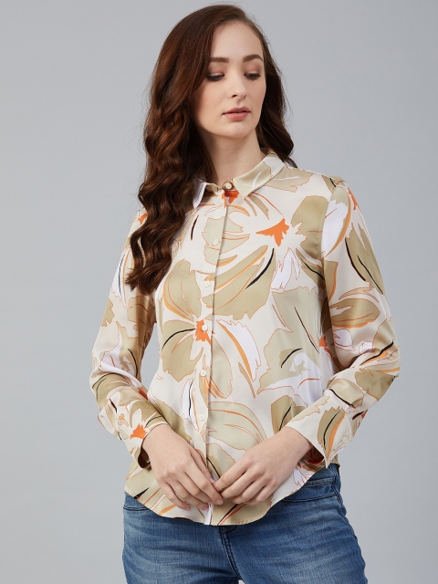 

Marks & Spencer Women Beige & Orange Regular Fit Printed Casual Shirt With Satin Finish