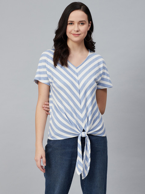 

Marks & Spencer Women White & Blue Striped Top