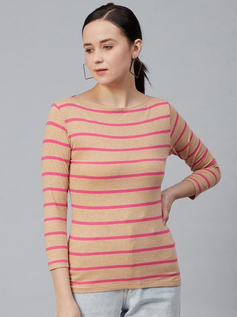 

Marks & Spencer Women Beige & Pink Striped Boat Neck T-shirt