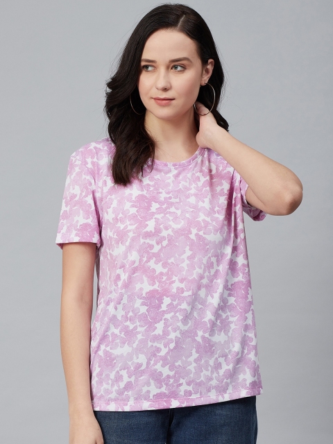 

Marks & Spencer Women White & Purple Recycled Polyester Floral Printed Round Neck T-shirt