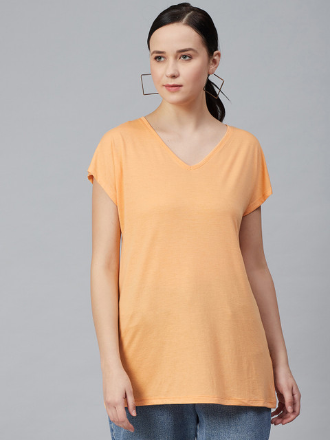 

Marks & Spencer Women Orange Solid V-Neck T-shirt