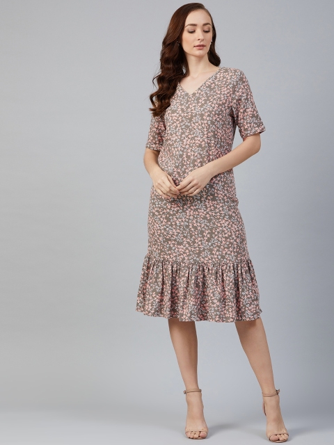 

Marks & Spencer Women Grey & Peach-Coloured Printed A-Line Dress