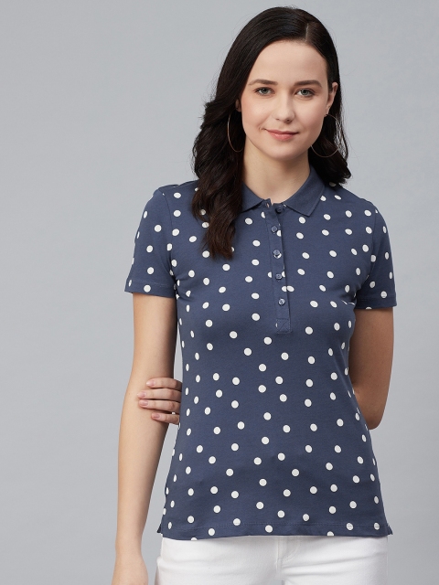 

Marks & Spencer Women Navy Blue & White Polka Dots Printed Polo Collar T-shirt