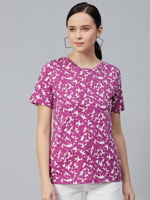 

Marks & Spencer Women Purple & Off-White Floral Printed Round Neck T-shirt