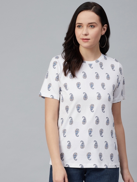 

Marks & Spencer Women White & Blue Paisley Printed Round Neck T-shirt
