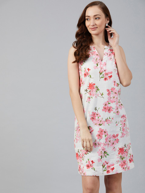 

Marks & Spencer Women White & Pink Floral Print A-Line Dress