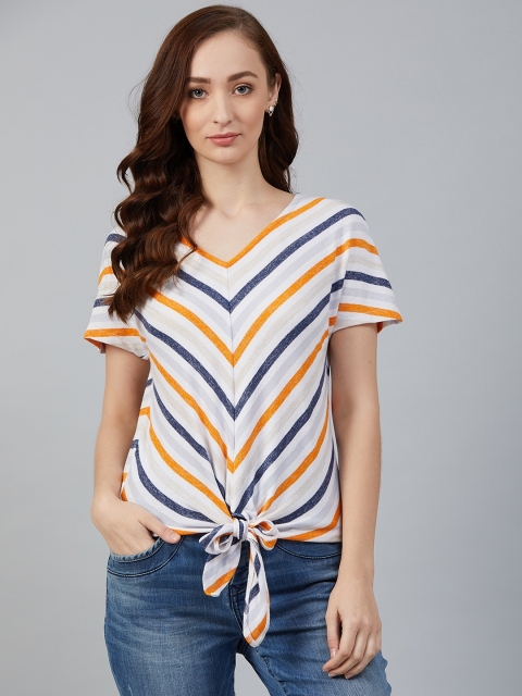 

Marks & Spencer Women White & Orange Striped Top