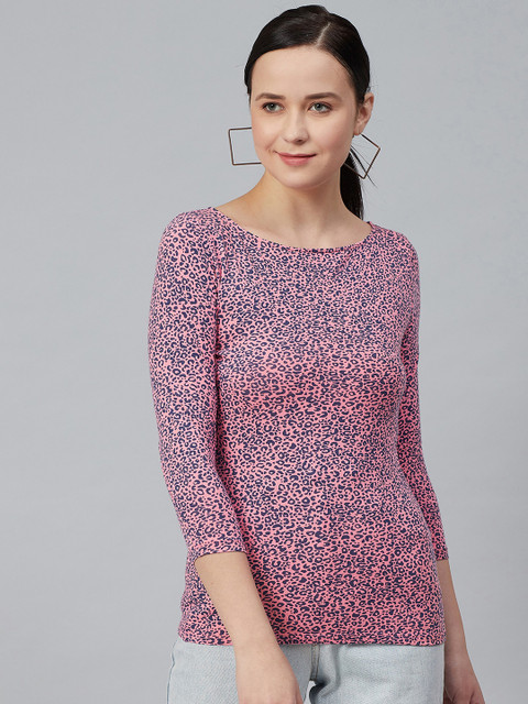 

Marks & Spencer Women Pink & Navy Blue Animal Printed Boat Neck T-shirt