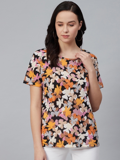 

Marks & Spencer Women Black & Orange Floral Printed Round Neck T-shirt