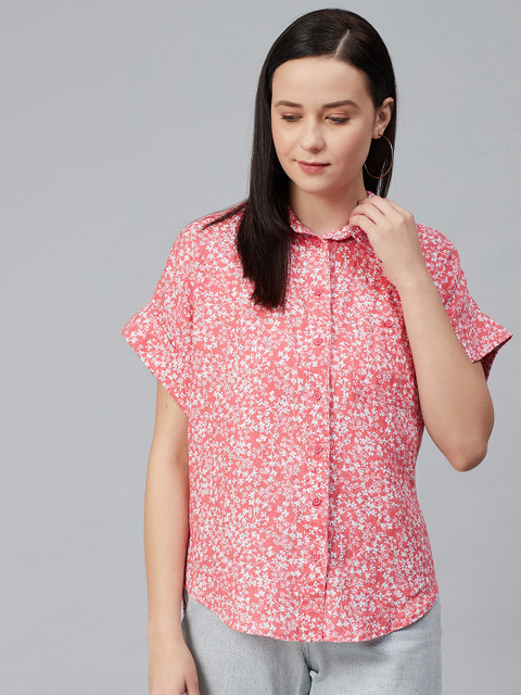 

Marks & Spencer Women Coral Pink & White Linen Regular Fit Floral Printed Casual Shirt