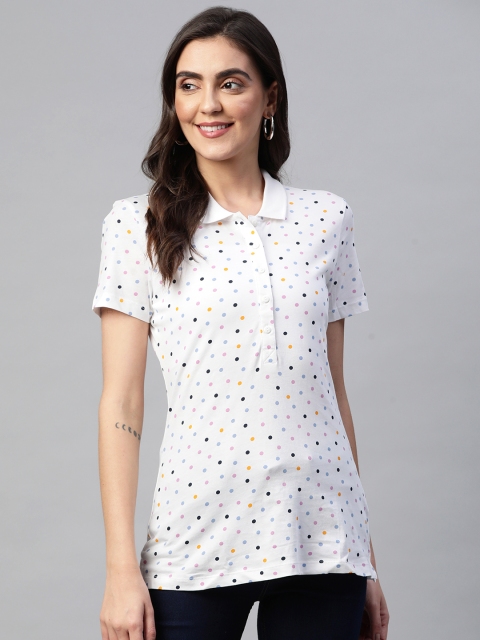 

Marks & Spencer Women White & Blue Printed Polo Collar Pure Cotton T-shirt
