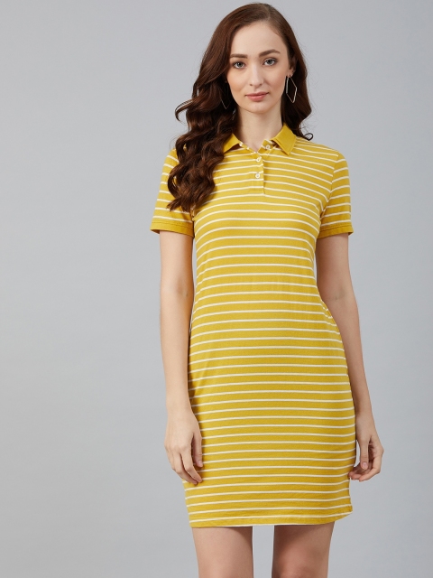 

Marks & Spencer Women Mustard Yellow & White Striped Polo Collar T-shirt Dress