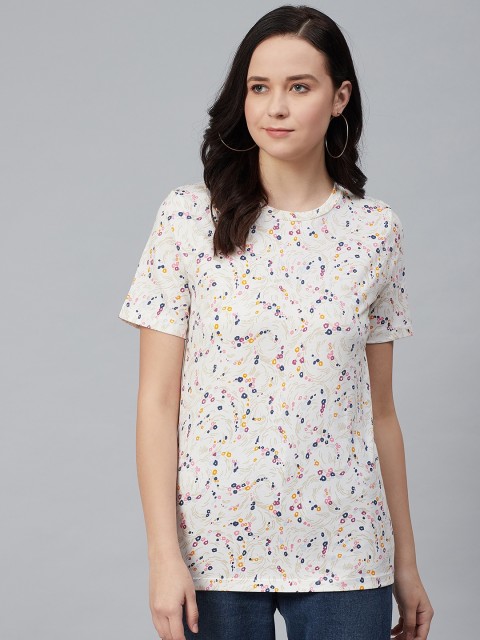 

Marks & Spencer Women Off-White & Navy Blue Floral Printed Round Neck T-shirt