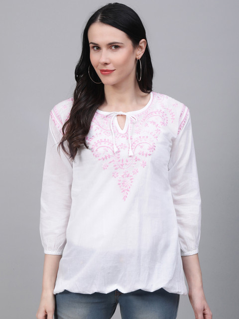 

Saadgi Women White & Pink Embroidered Blouson Top