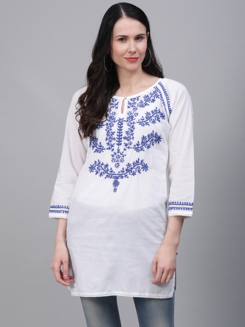 

Saadgi Women White & Blue Handloom Chikankari Embroidered Straight Kurta