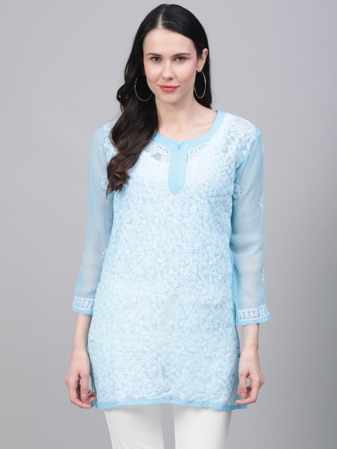 

Saadgi Women Blue & White Handloom Chikankari Embroidered Sheer Straight Kurti