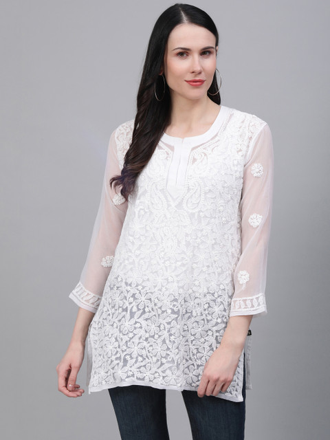 

Saadgi Women White Handloom Chikankari Embroidered Sheer Straight Kurti