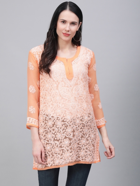 

Saadgi Women Orange & White Handloom Chikankari Embroidered Sheer Straight Kurti