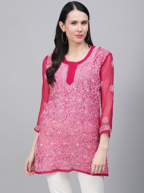 

Saadgi Women Pink & White Handloom Chikankari Embroidered Sheer Straight Kurti