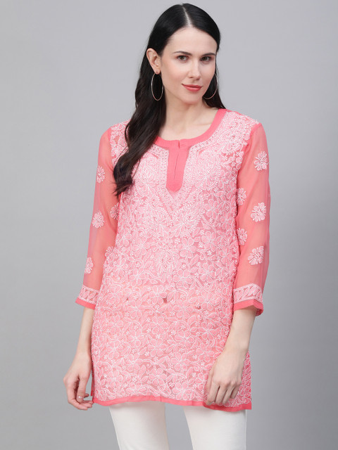

Saadgi Women Peach-Coloured & White Handloom Chikankari Embroidered Sheer Straight Kurti