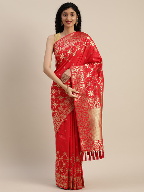 

VASTRANAND Red & Gold-Toned Silk Blend Woven Design Banarasi Saree