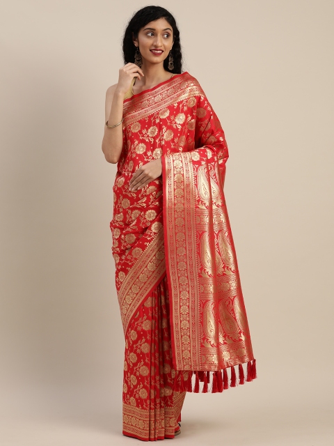 

VASTRANAND Red & Golden Silk Blend Woven Design Banarasi Saree