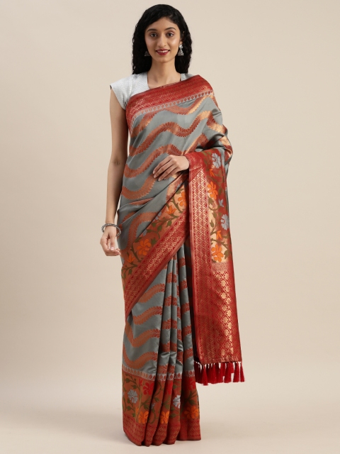 

VASTRANAND Grey & Red Silk Blend Printed Banarasi Saree