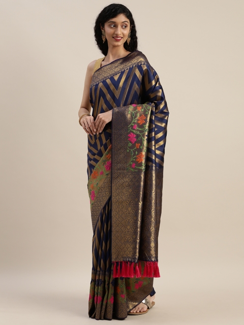 

VASTRANAND Navy Blue & Gold-Toned Silk Blend Woven Design Banarasi Saree