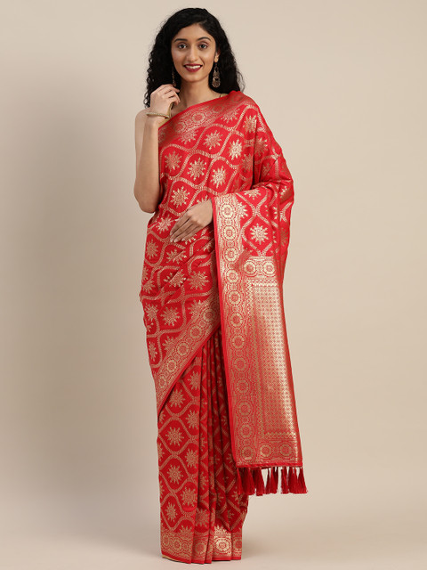 

VASTRANAND Red & Gold-Toned Silk Blend Woven Design Banarasi Saree