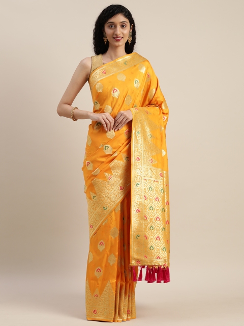 

VASTRANAND Yellow & Gold-Toned Silk Blend Woven Design Kanjeevaram Saree