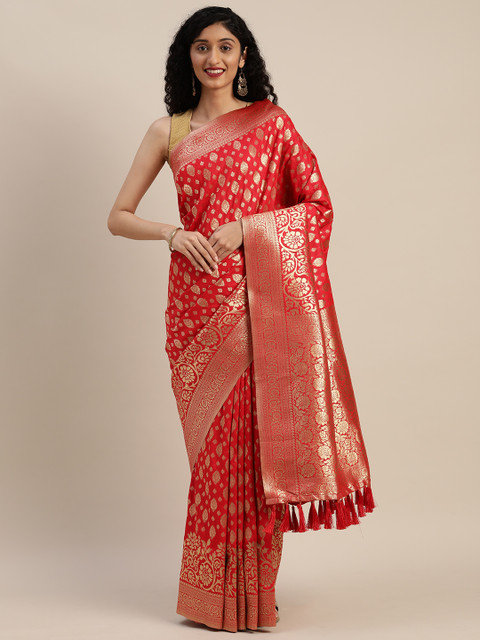 

VASTRANAND Red & Gold-Toned Silk Blend Woven Design Banarasi Saree