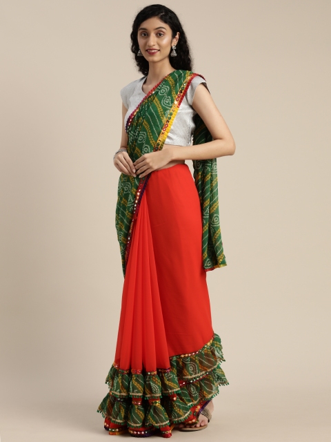 

VASTRANAND Orange & Green Pure Georgette Printed Bandhani Saree